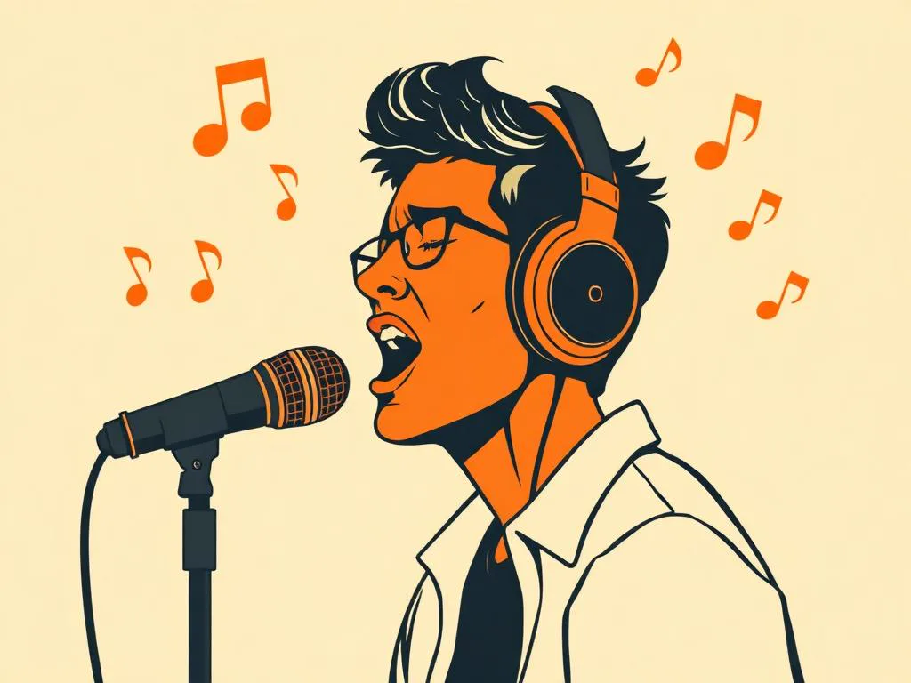 Singer wearing headphones recording a song on StarMaker